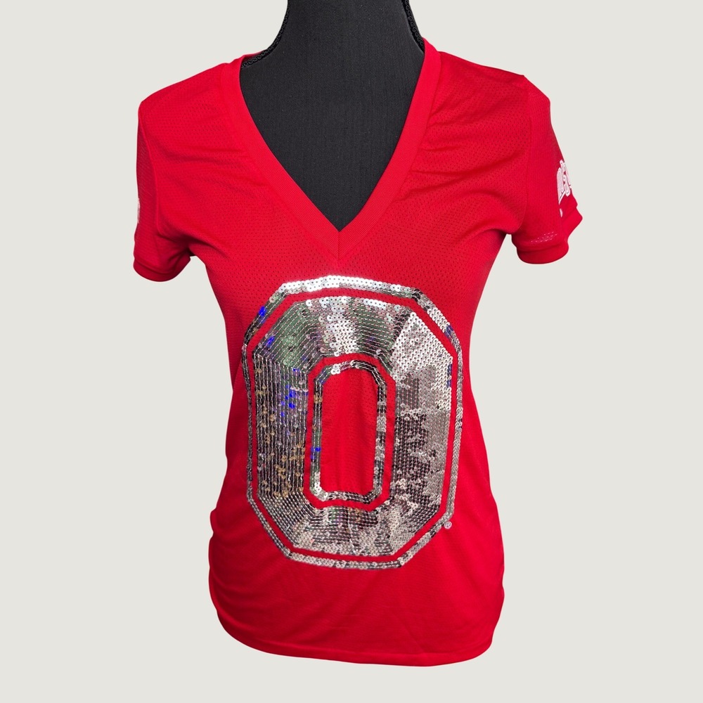 Vintage PINK Victoria's Secret Y2K Ohio State Buckeyes Red Sequin Mesh Jersey XS